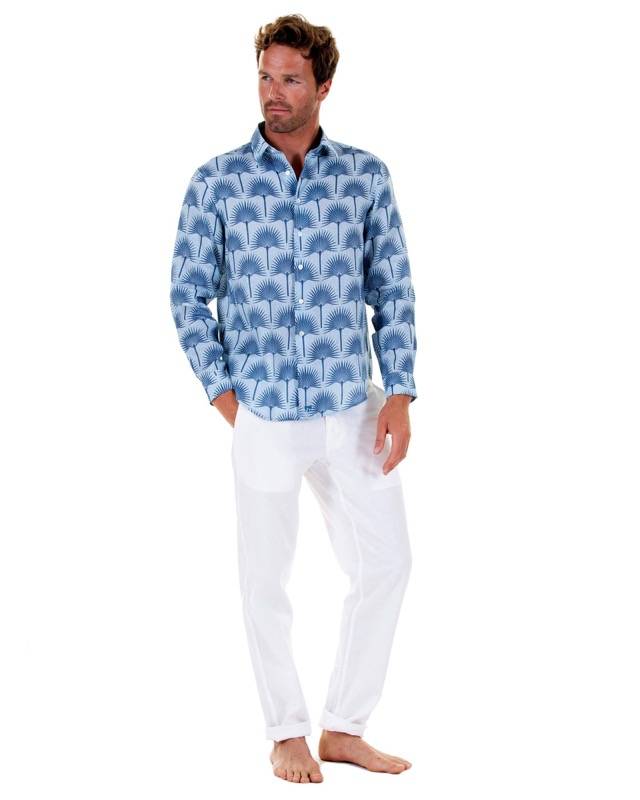 HERREN Leinenhemd Palme in dunkelblau Osterangebot