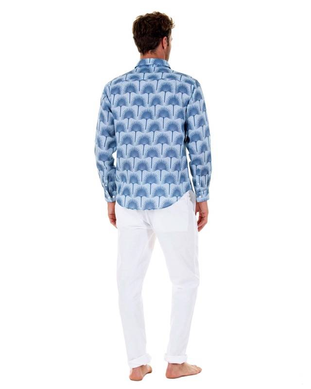 HERREN Leinenhemd Palme in dunkelblau Osterangebot