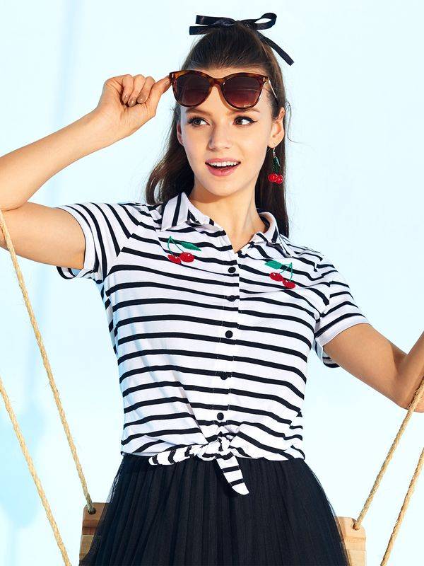Nastrovje Potsdam Pussy Deluxe Revival Stripes Short Damen Kurzarmbluse schwarz/weiß Online Outlet