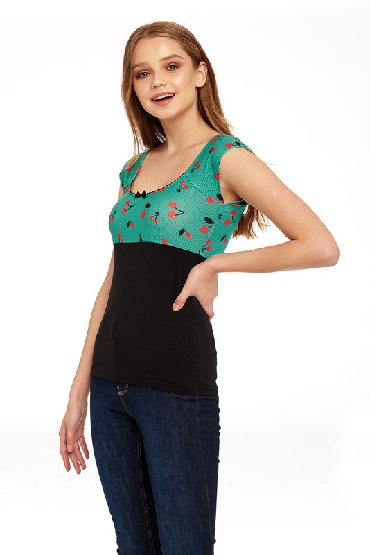 Nastrovje Potsdam Pussy Deluxe Cat Cherries Basic Shirt schwarz / grün allover Fabrikverkauf
