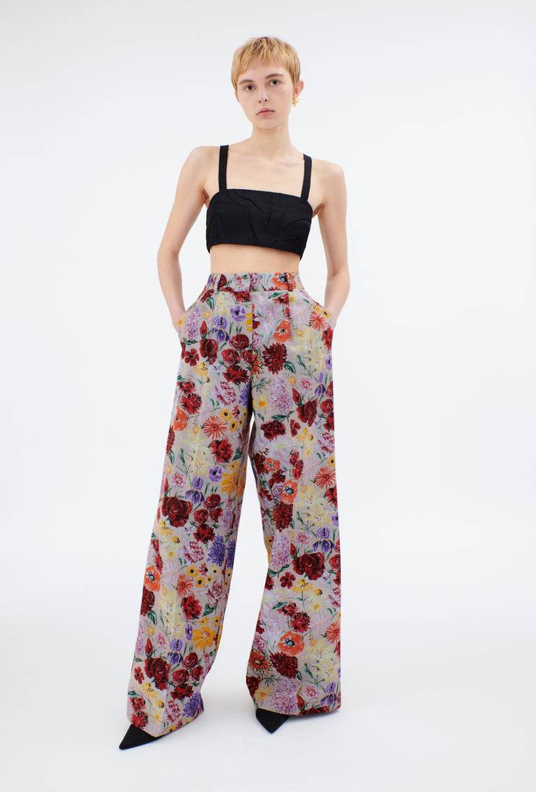 Odeeh Impressionist Flowers Cotton Denim Hose, Foggy Blue Online Outlet