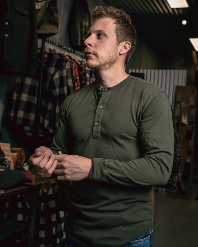 Pike Brothers 1927 Henley Shirt long sleeve Mojave green Nur noch ein Tag übrig