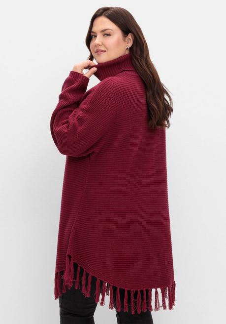 sheego Gerippter Poncho-Pullover mit Fransensaum - beere sheego Sonderangebote