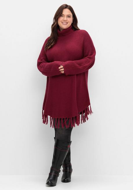sheego Gerippter Poncho-Pullover mit Fransensaum - beere sheego Sonderangebote