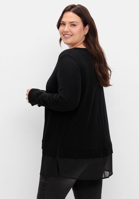 sheego Pullover in A-Linie, mit Chiffonbesatz am Saum - schwarz sheego Bis zu 55% Rabatt
