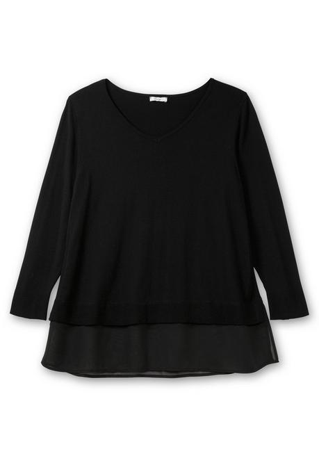 sheego Pullover in A-Linie, mit Chiffonbesatz am Saum - schwarz sheego Bis zu 55% Rabatt