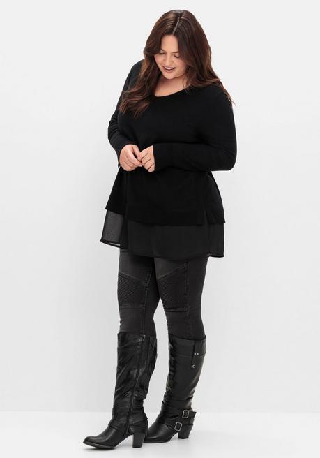sheego Pullover in A-Linie, mit Chiffonbesatz am Saum - schwarz sheego Bis zu 55% Rabatt