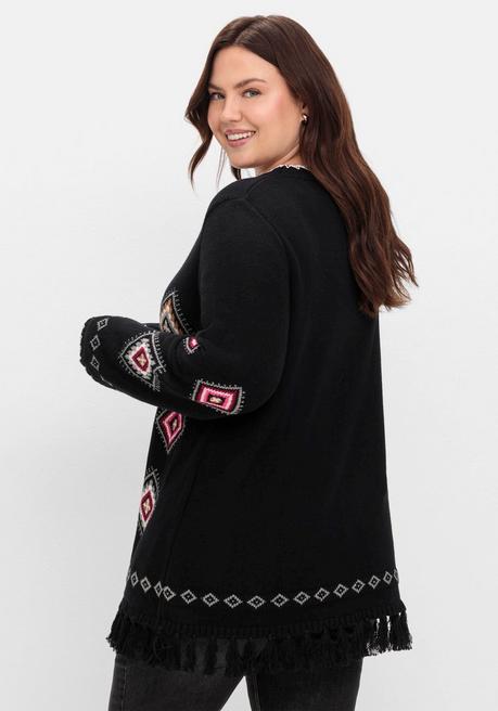 sheego Pullover mit Ethnomuster und Fransen - schwarz gemustert sheego Discount Store für neue Produkte