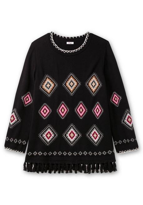 sheego Pullover mit Ethnomuster und Fransen - schwarz gemustert sheego Discount Store für neue Produkte