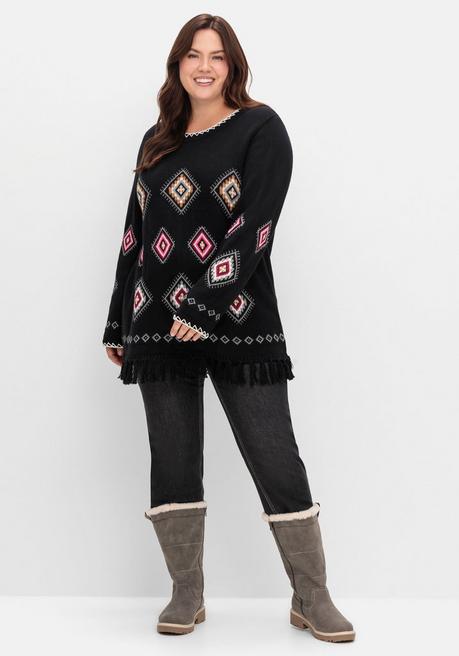 sheego Pullover mit Ethnomuster und Fransen - schwarz gemustert sheego Discount Store für neue Produkte