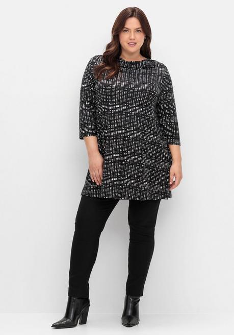 sheego Longshirt mit Print und Wasserfall-Ausschnitt - schwarz-weiß sheego Kostenloser Versand international