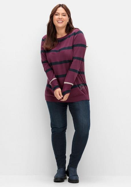 sheego Gestreifter Pullover mit Stern-Stickerei, aus Baumwolle - brombeer gestreift sheego Speichern exportieren