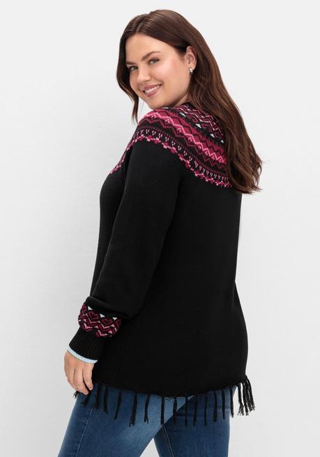 sheego Norwegerpullover mit Fransen am Saum - schwarz gemustert sheego Lagerräumung
