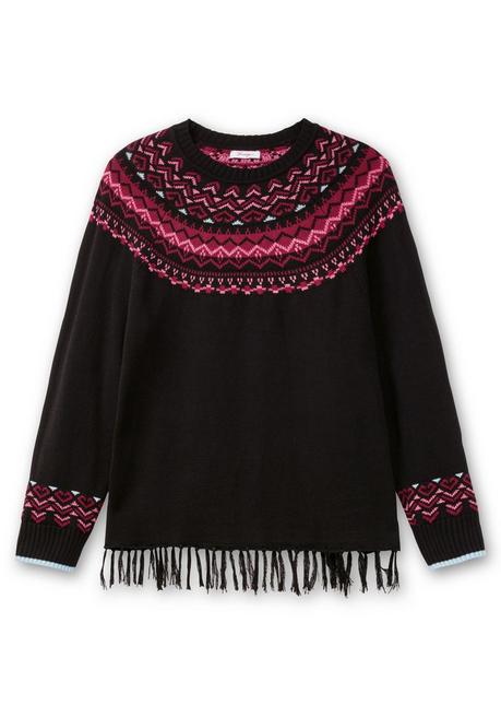 sheego Norwegerpullover mit Fransen am Saum - schwarz gemustert sheego Lagerräumung