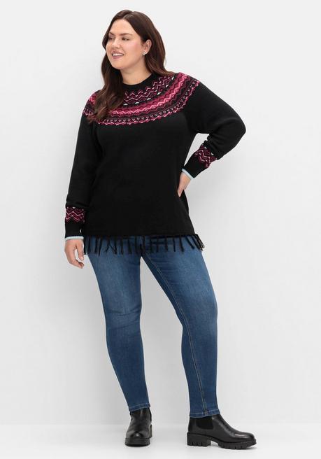 sheego Norwegerpullover mit Fransen am Saum - schwarz gemustert sheego Lagerräumung