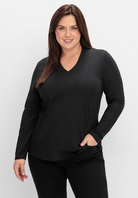 sheego Langarmshirt mit V-Ausschnitt, vorn doppellagig - schwarz sheego Online Outlet