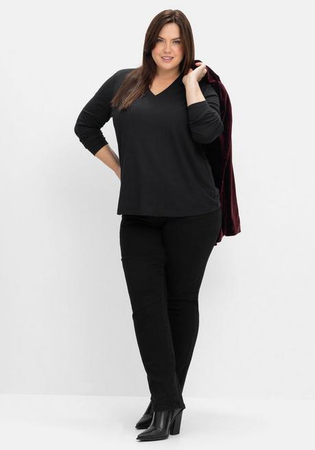 sheego Langarmshirt mit V-Ausschnitt, vorn doppellagig - schwarz sheego Online Outlet