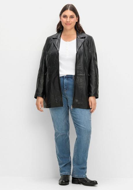 sheego Lange Lederjacke aus Lammnappa, mit Reverskragen - schwarz sheego Kauf eins, bekomm eins gratis