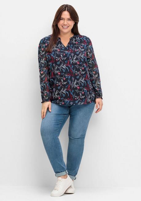 sheego Chiffontunika mit Blumendruck und Bindeband - tiefblau gemustert sheego Tägliche Deals