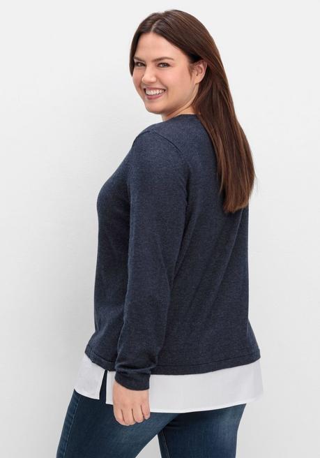 sheego Pullover im Lagenlook, mit Blusenbesatz - tiefblau meliert sheego Vierteljährliche Förderung
