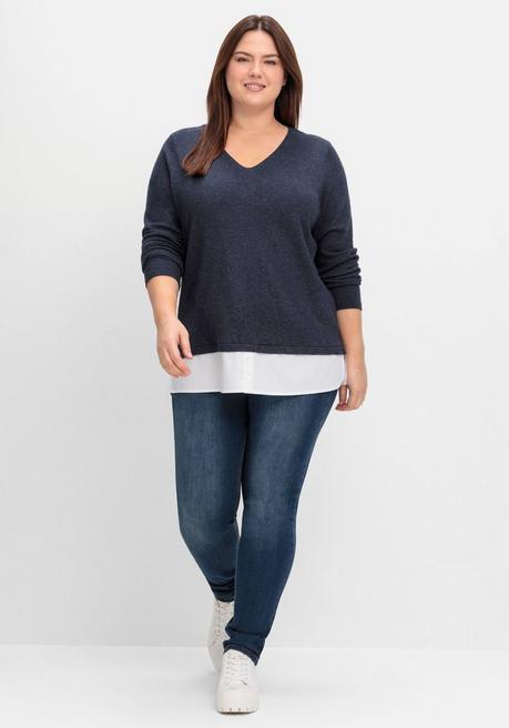 sheego Pullover im Lagenlook, mit Blusenbesatz - tiefblau meliert sheego Vierteljährliche Förderung