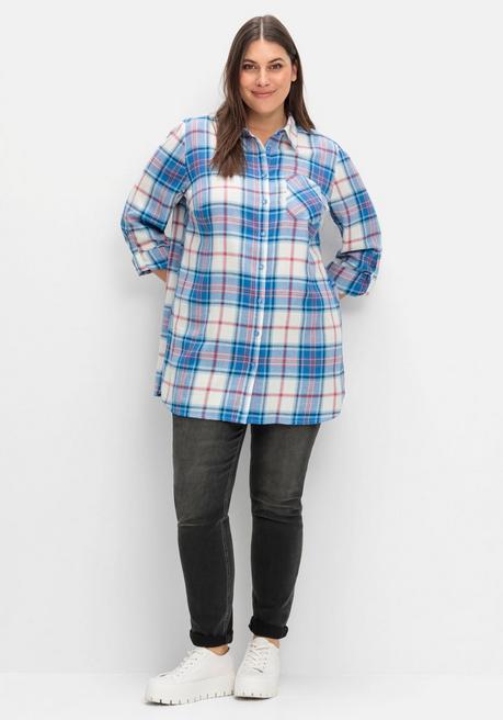 sheego Karierte Longbluse mit Krempelfunktion - offwhite kariert sheego Black Friday Preise
