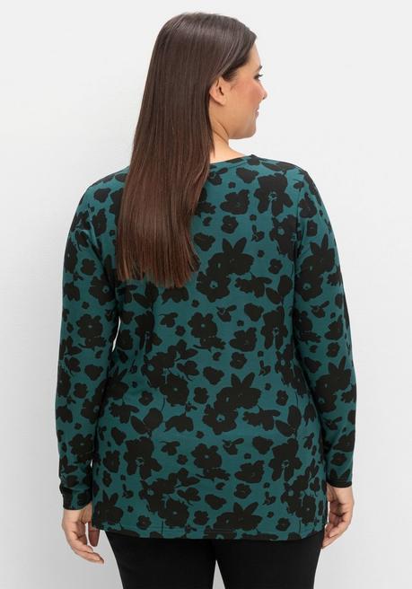 sheego Langarmshirt mit Blumendruck und V-Ausschnitt - tiefgrün gemustert sheego Rabatte dieses Monats