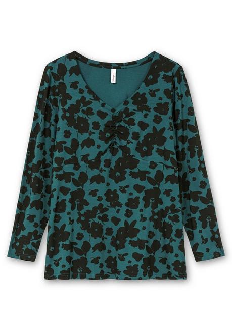 sheego Langarmshirt mit Blumendruck und V-Ausschnitt - tiefgrün gemustert sheego Rabatte dieses Monats