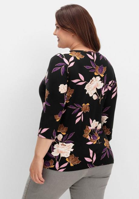 sheego 3/4-Arm-Shirt mit Blumenprint, aus Viskosejersey - dunkellila gemustert sheego Jubiläumsangebot