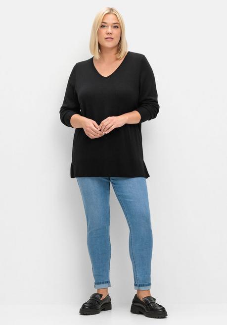 sheego Pullover aus leichtem Strick, mit V-Ausschnitt - schwarz sheego Top Angebot
