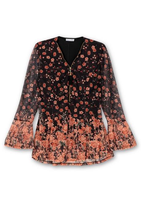 sheego by Joe Browns Longtunika aus Mesh, mit Trompetenärmeln - schwarz gemustert sheego Neuheiten