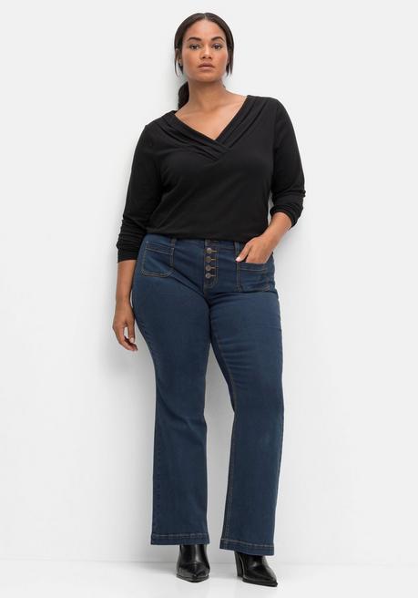 sheego by Joe Browns Langarmshirt mit Zierfalten am V-Ausschnitt, A-Linie - schwarz sheego Tägliche Deals