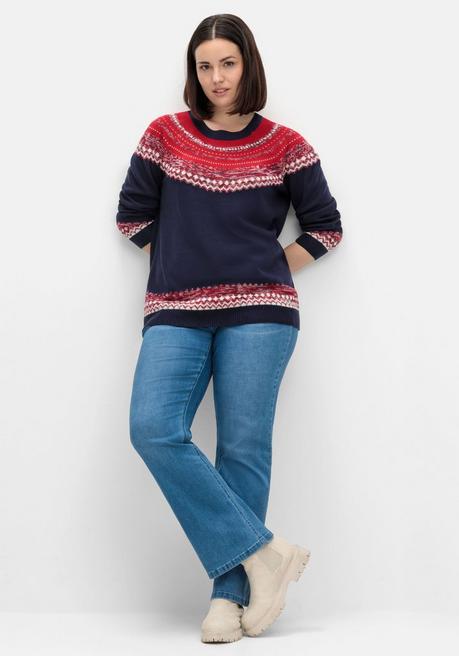 sheego Norwegerpullover im Jacquardstrick, mit Raglanärmeln - nachtblau gemustert sheego Große Rabatte