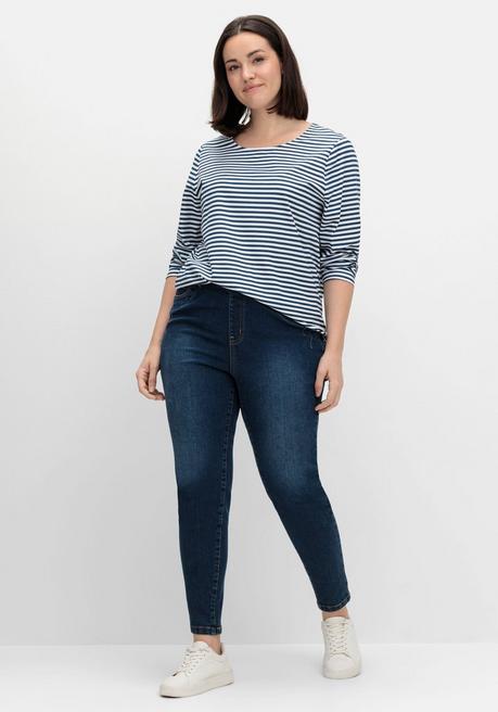 sheego Gestreiftes Langarmshirt mit Rundhalsausschnitt - marine gestreift sheego VIP-Rabatte