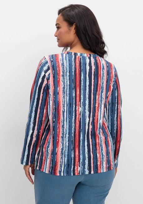 sheego Streifenshirt im Batik-Look, mit Krempelärmeln - marine gemustert sheego Zeitbegrenzte Promotion