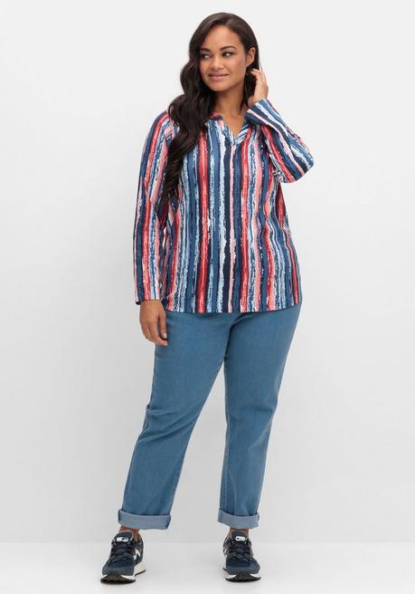 sheego Streifenshirt im Batik-Look, mit Krempelärmeln - marine gemustert sheego Zeitbegrenzte Promotion