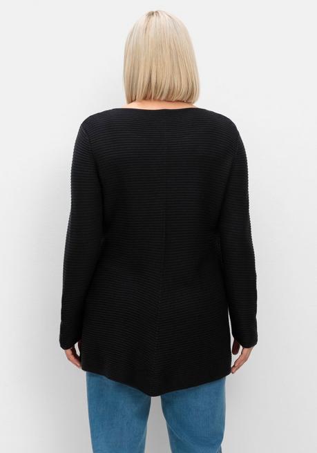 sheego Gerippter Pullover mit spitz zulaufendem Saum - schwarz sheego Rabatte dieses Monats