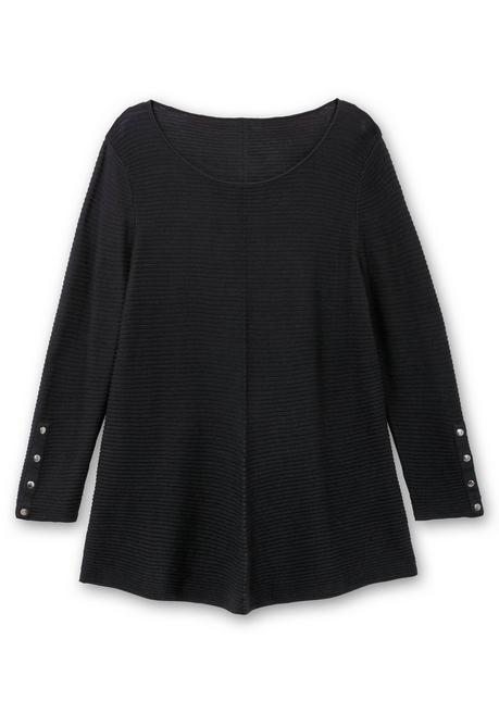 sheego Gerippter Pullover mit spitz zulaufendem Saum - schwarz sheego Rabatte dieses Monats