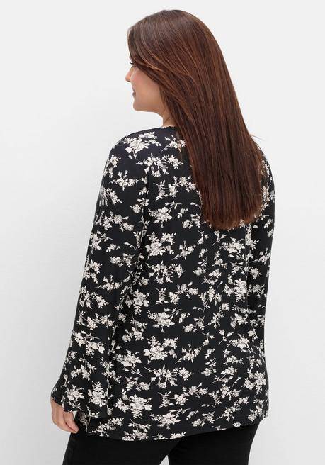 sheego by Joe Browns Langarmshirt mit Biesen und Volantärmeln - schwarz gemustert sheego Fabrik Onlineshop