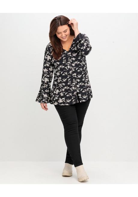 sheego by Joe Browns Langarmshirt mit Biesen und Volantärmeln - schwarz gemustert sheego Fabrik Onlineshop