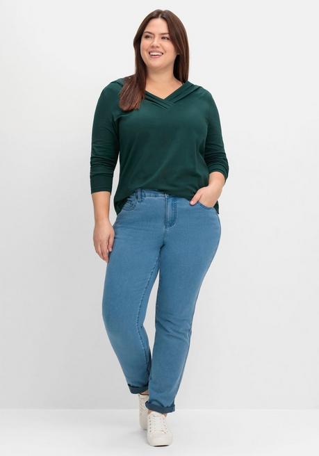 sheego by Joe Browns Langarmshirt mit Zierfalten am V-Ausschnitt, A-Linie - tiefgrün sheego Preisnachlass