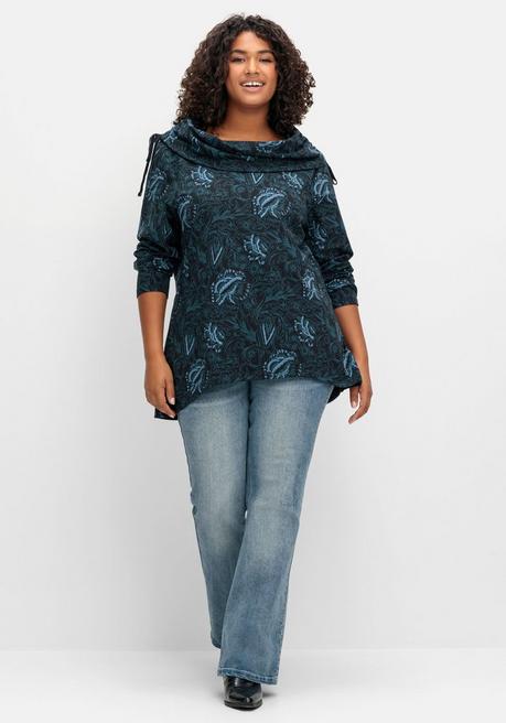 sheego by Joe Browns Sweatshirt in Longform mit weitem Kragen - schwarz bedruckt sheego Lagerräumung