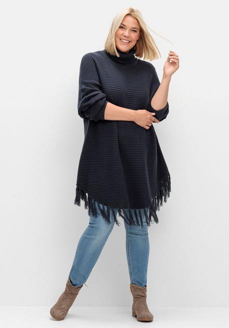 sheego Gerippter Poncho-Pullover mit Fransensaum - nachtblau sheego Neueste Mode