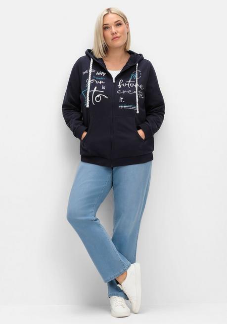 sheego Kapuzensweatjacke mit Print und Kängurutasche - marine sheego Limitierter Zeitrabatt