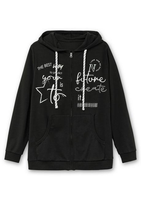 sheego Kapuzensweatjacke mit Print und Kängurutasche - schwarz sheego Fabrikpreis