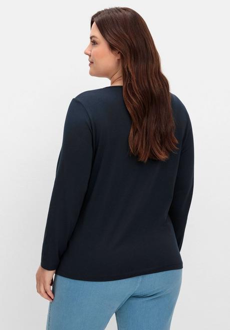 sheego Langarmshirt mit bedrucktem Vorderteil - marine gestreift sheego Sonderangebot