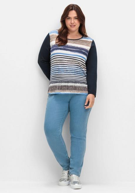 sheego Langarmshirt mit bedrucktem Vorderteil - marine gestreift sheego Sonderangebot