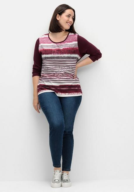 sheego Langarmshirt mit bedrucktem Vorderteil - aubergine gestreift sheego Rabatt