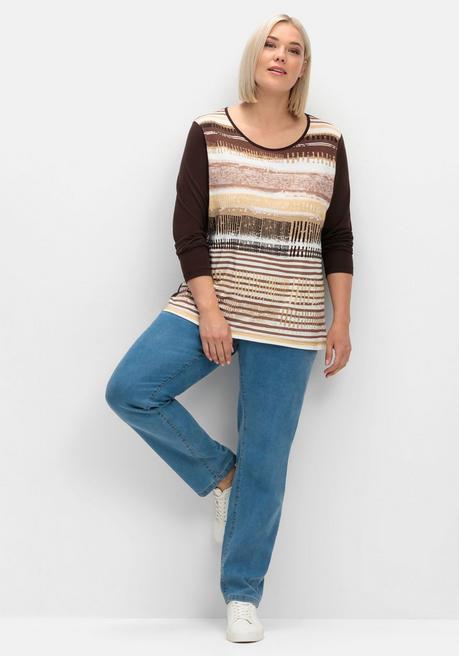 sheego Langarmshirt mit bedrucktem Vorderteil - hellbraun gestreift sheego Günstig kaufen