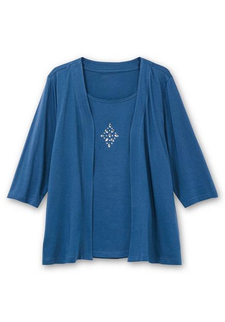 sheego Shirt in 2-in-Optik, mit 3/4-Ärmeln und Glitzerdetail - jeansblau sheego Valentinstagsangebot